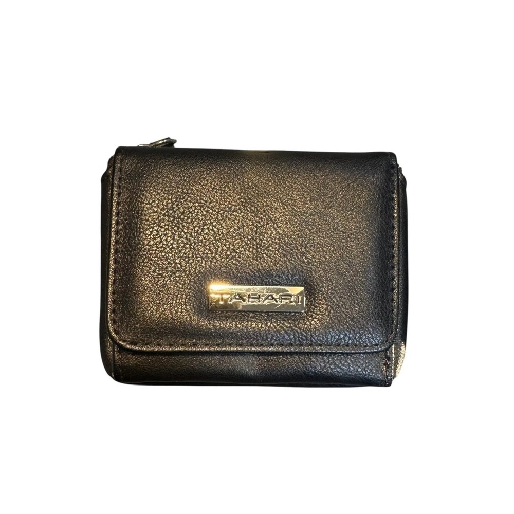 Tahari Black Pebbled Leather Bifold Wallet with Logo Plaque